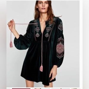 Zara green velvet embroidered dress